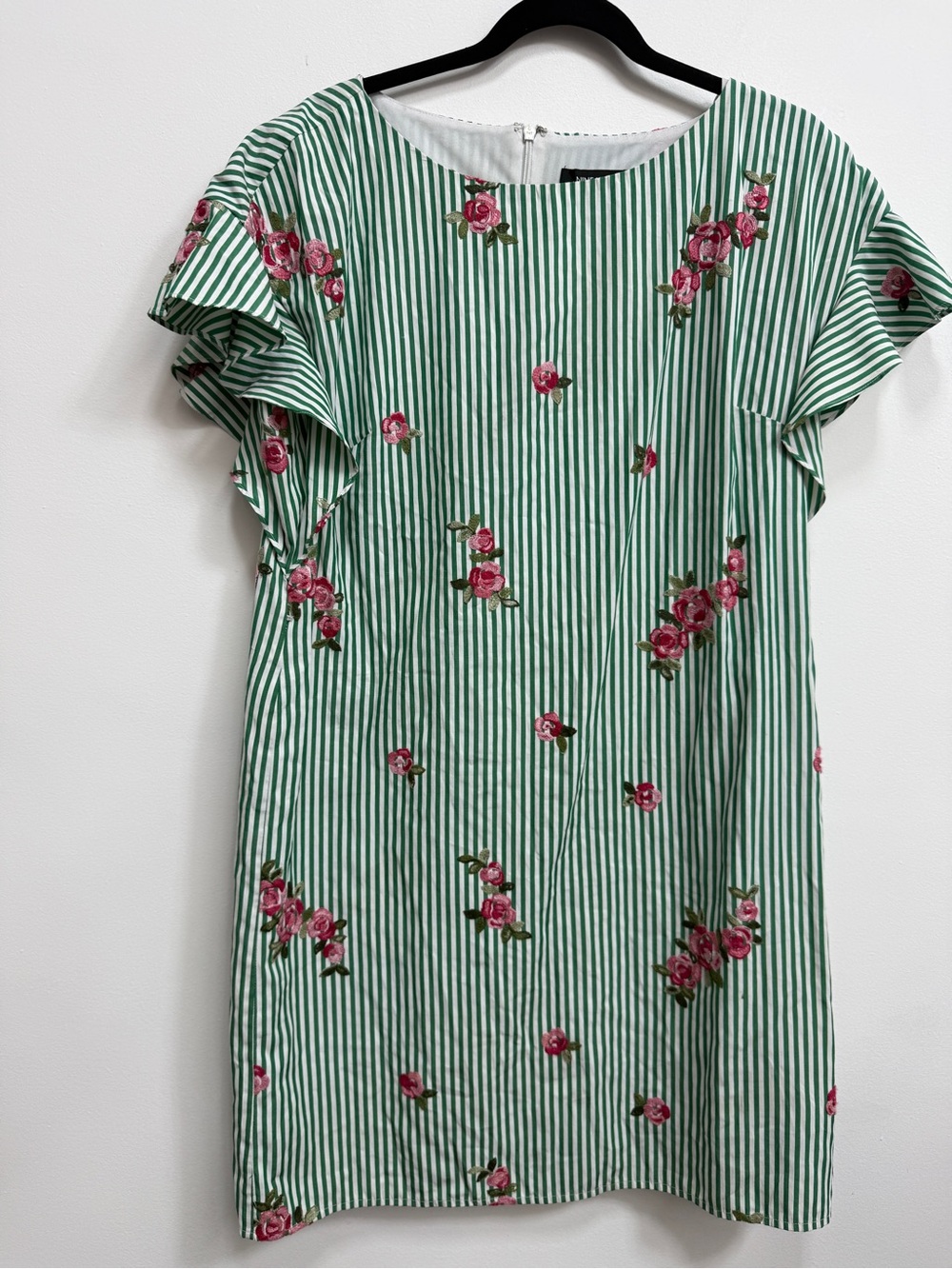 Green & White Striped Floral Shift Dress with Pink Rose Embroidery